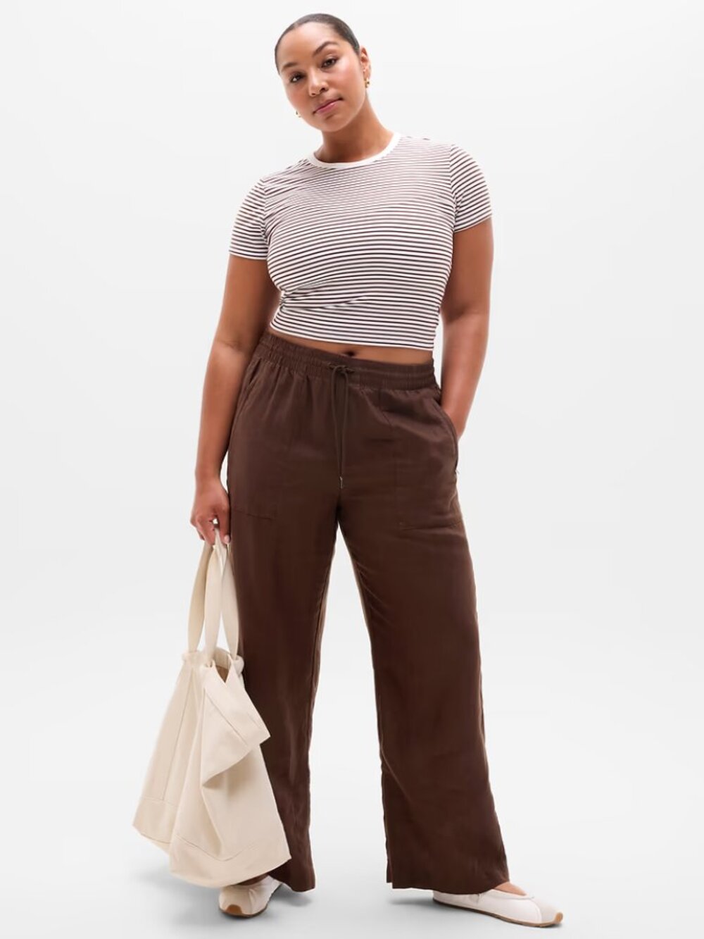 Athleta Retreat Linen High Rise Wide Leg Pant Size Large Petite Brown NWOT